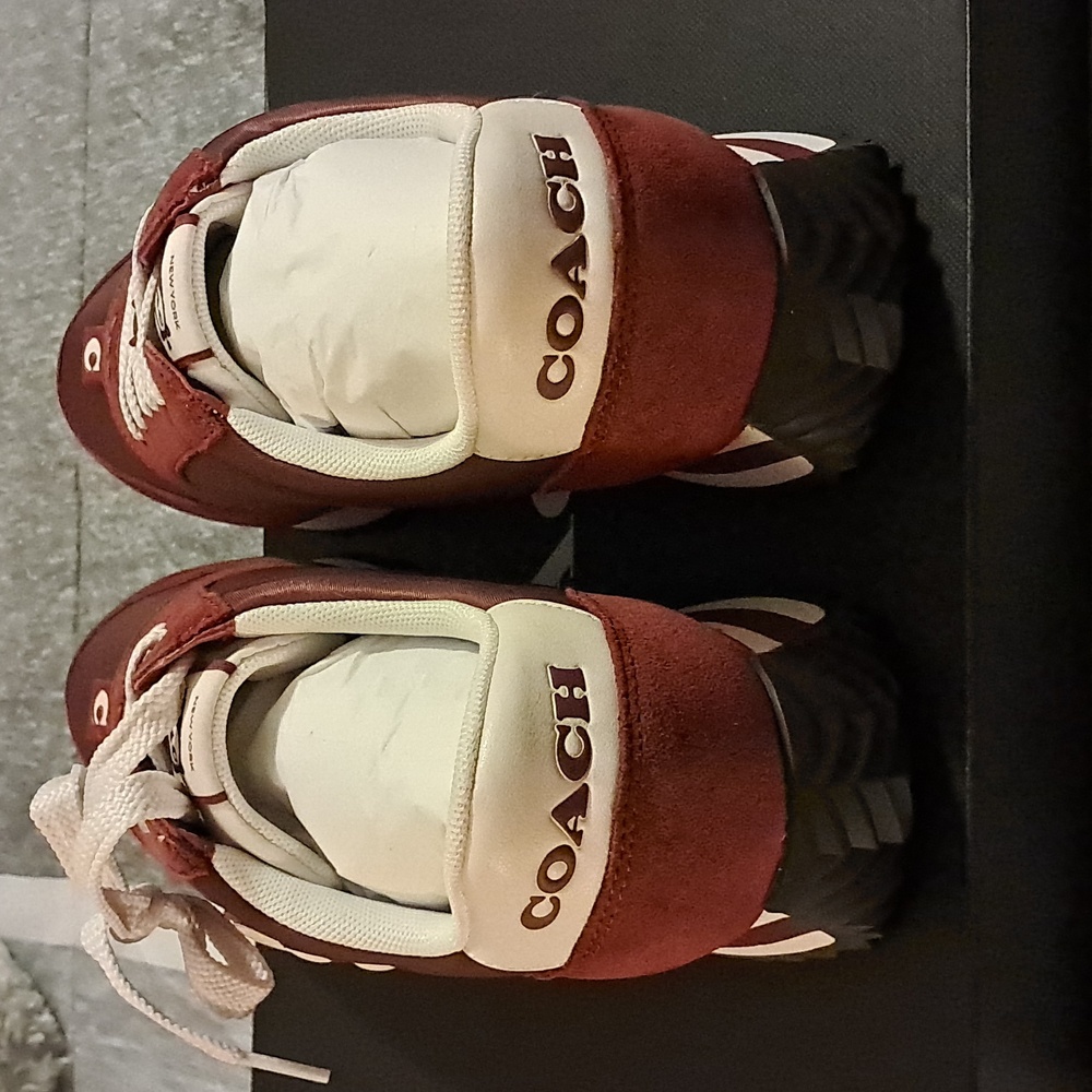 Women's Coach Burgundy and Cream Suede Sneakers - Picture 4 of 6